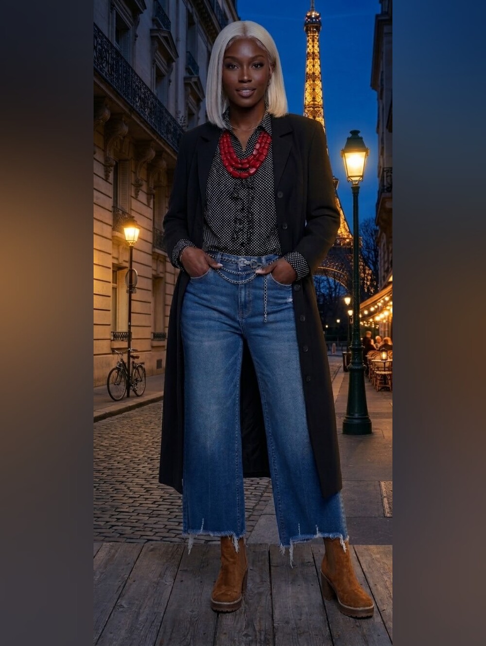 Zenana Jeans, George Silk Blouse And YL By Yair Maxi Jacket.